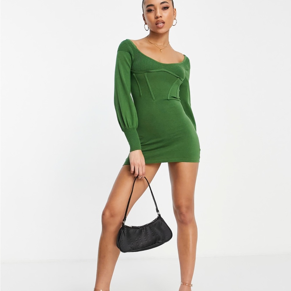 Asos Ego x Jess Hunt volume sleeve open back mini dress in olive
